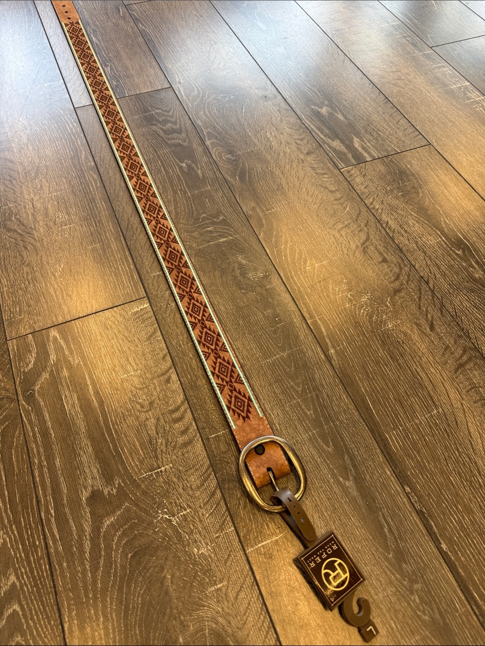 Roper Brown Leather Belt with Geometric Woven Detail